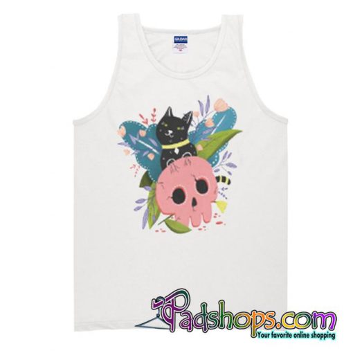 Floral black cat with pink skull  Tank Top SL