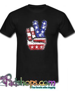 Fourth 4th of July Shirt American Flag Peace Sign Hand T-Shirt-SL