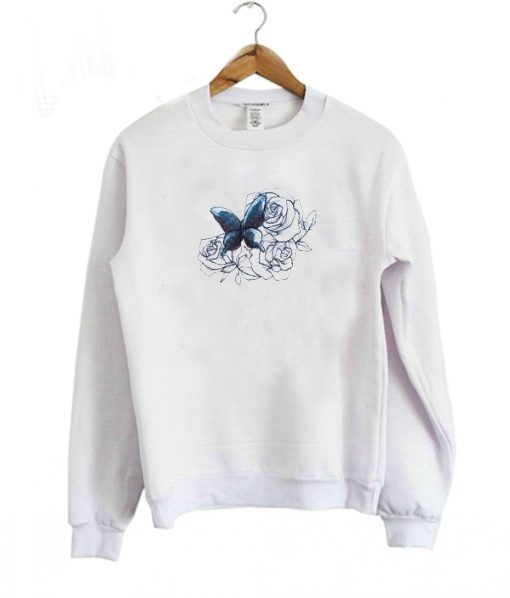 Embroidered with Roses and Butterfly in Shades of Red and Blue Sweatshirt