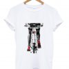 Sexy woman in red high heel shoes and stockings riding bicycle t shirt Ad