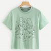 Sleeve Green Cartoon Portrait Print Tee