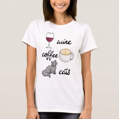 Wine Coffee Cats Funny Cute Cartoon t shirt FR05