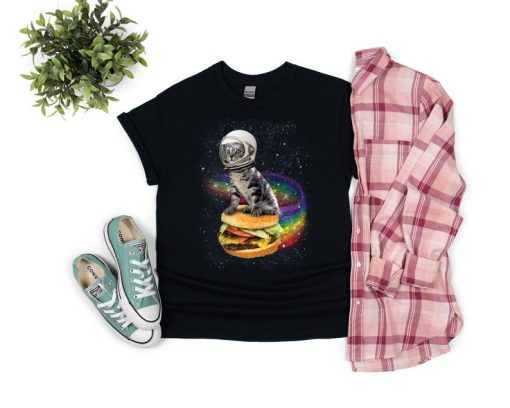 Astronaut Cat Rainbow Burger funny t shirt