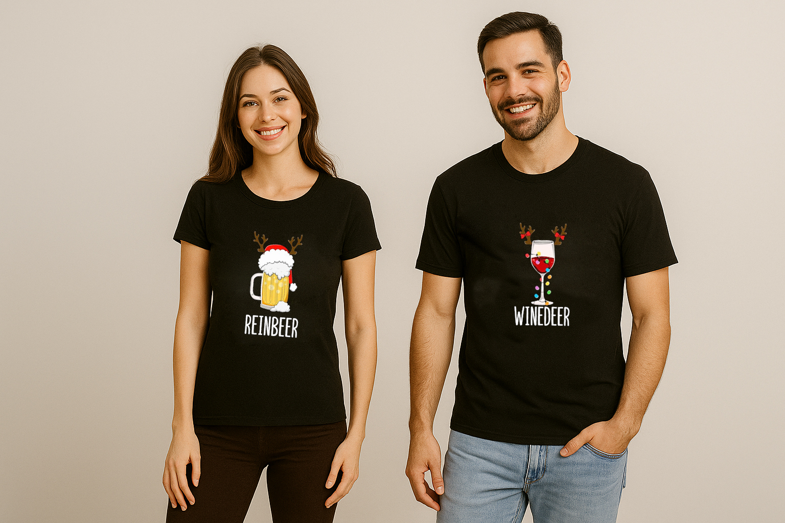 Winedeer Reinbeer Christmas Couple Shirt